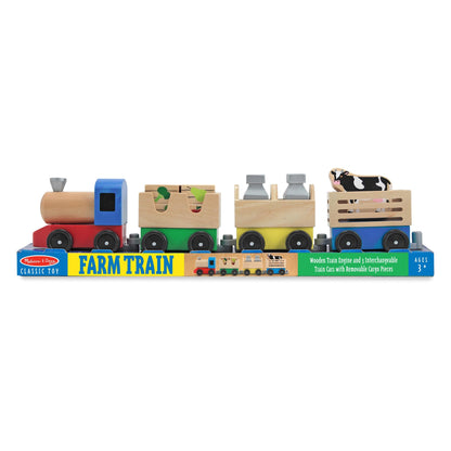 Melissa & Doug Wooden Farm Train Set with 3 Linking Cars