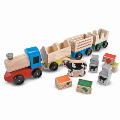 Melissa & Doug Wooden Farm Train Set with 3 Linking Cars