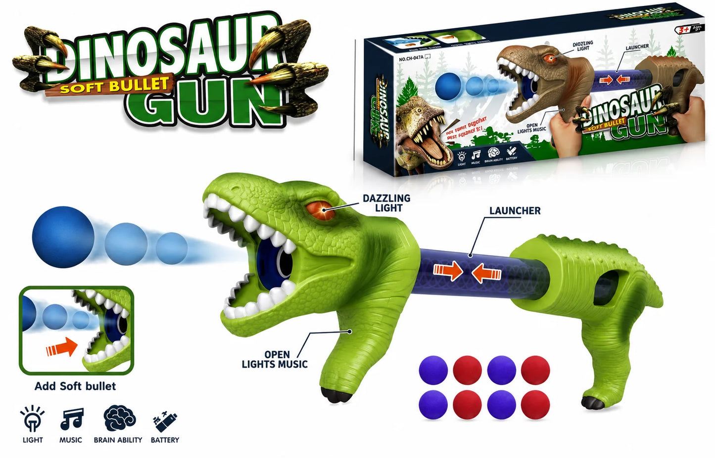 Dinosaur Dart Blaster Set with 8 Soft Darts Lights and Sounds